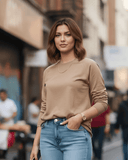 Basic Long Sleeve Round Neck T-shirt Cafe