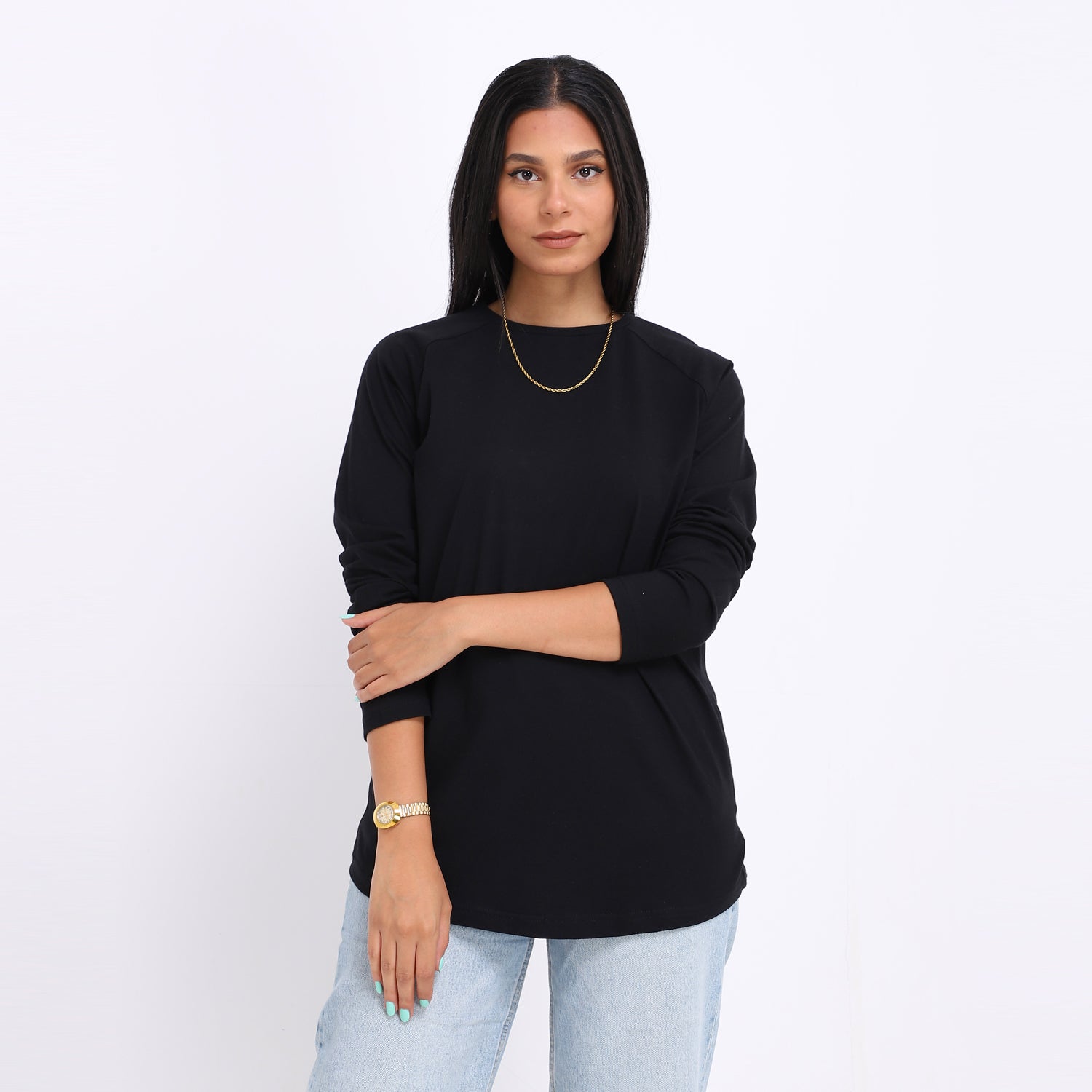 Basic Long Sleeve  Round Neck T-shirt- Black