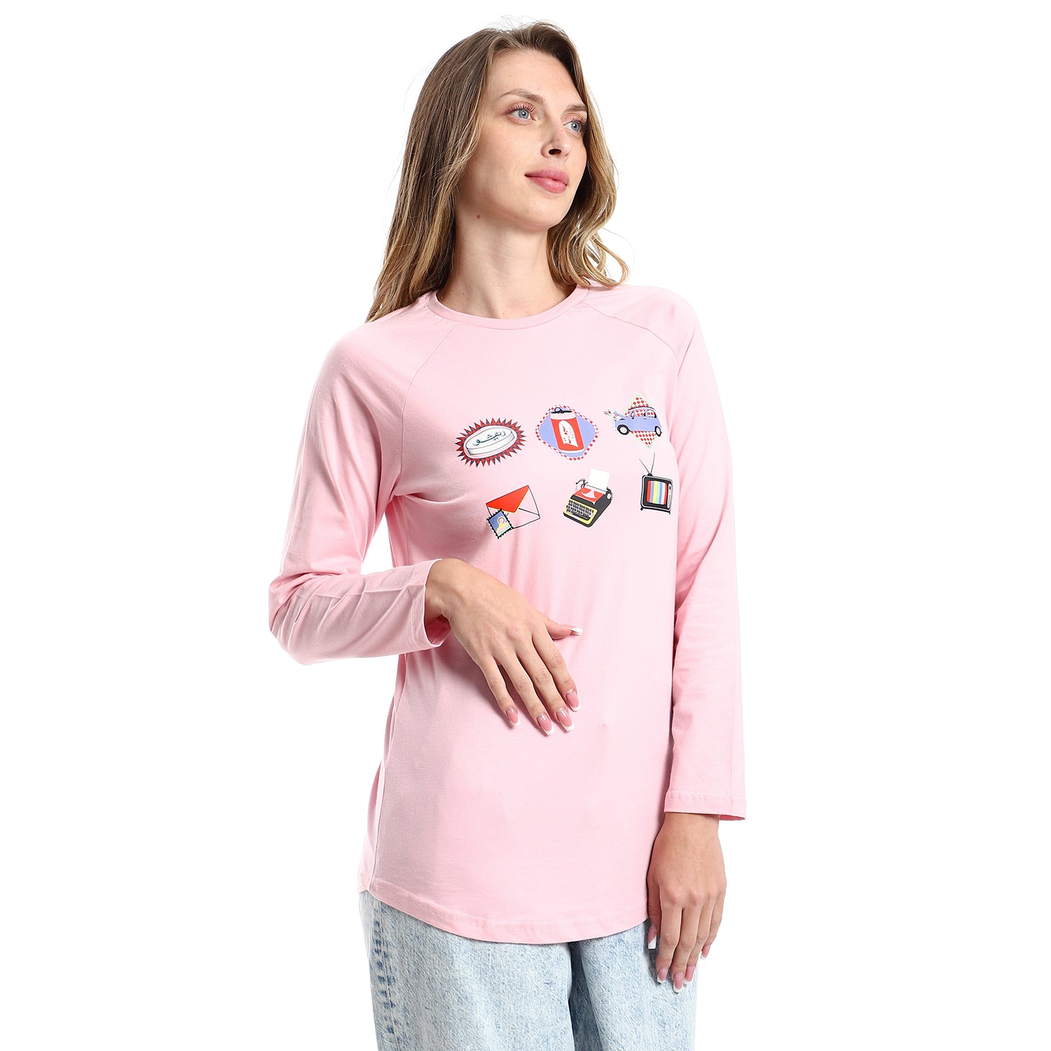 Retro Long Sleeve Round Neck T-shirt- Rose